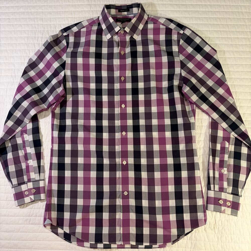 Banana Republic No Iron Tri-Tone Plaid Long Sleeve Shirt Mens Medium